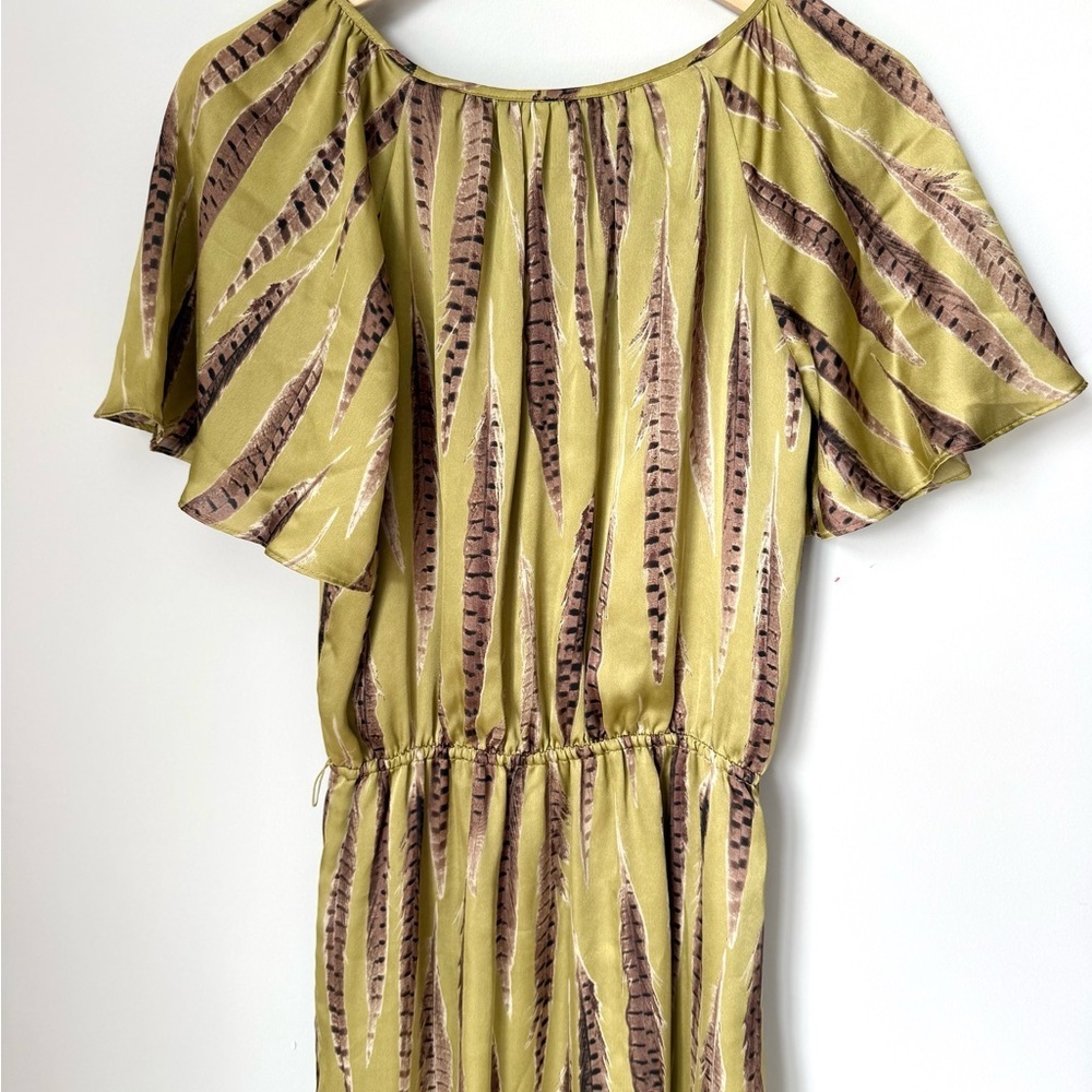 Olive Green Feather Patterned Silky Women’s Midi Dress Flutter Sleeve - Picture 3 of 3